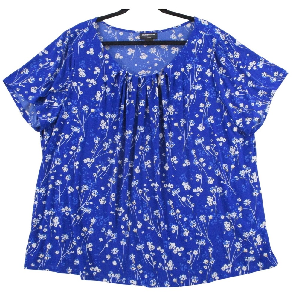 Liz Claiborne Career Woman Blue Floral Pleated Scoop Neck Blouse 3X Short Sleeve